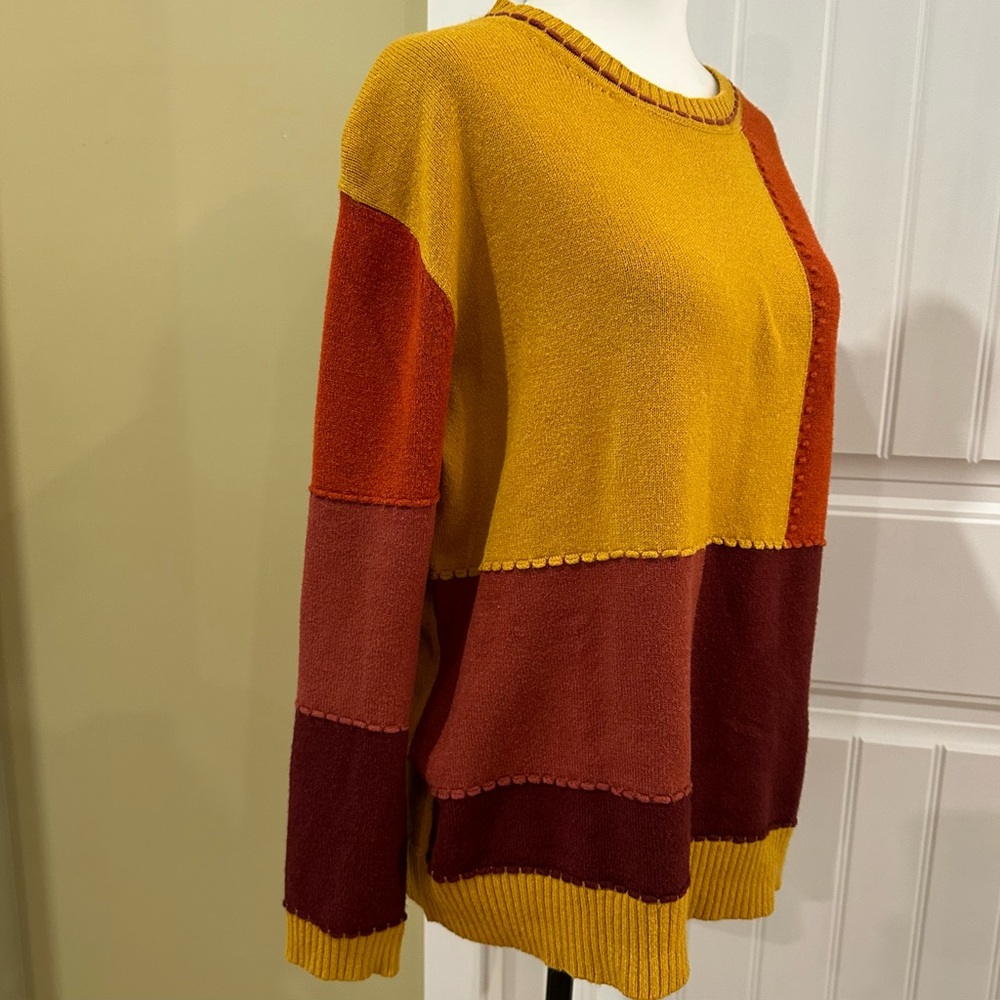 Fall Color Patchwork Colorblock Crew Neck Sweater Large Gold - Picture 6 of 10